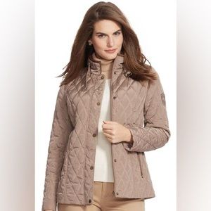 Quilted Taupe Jacket with Faux Brown Leather Trim